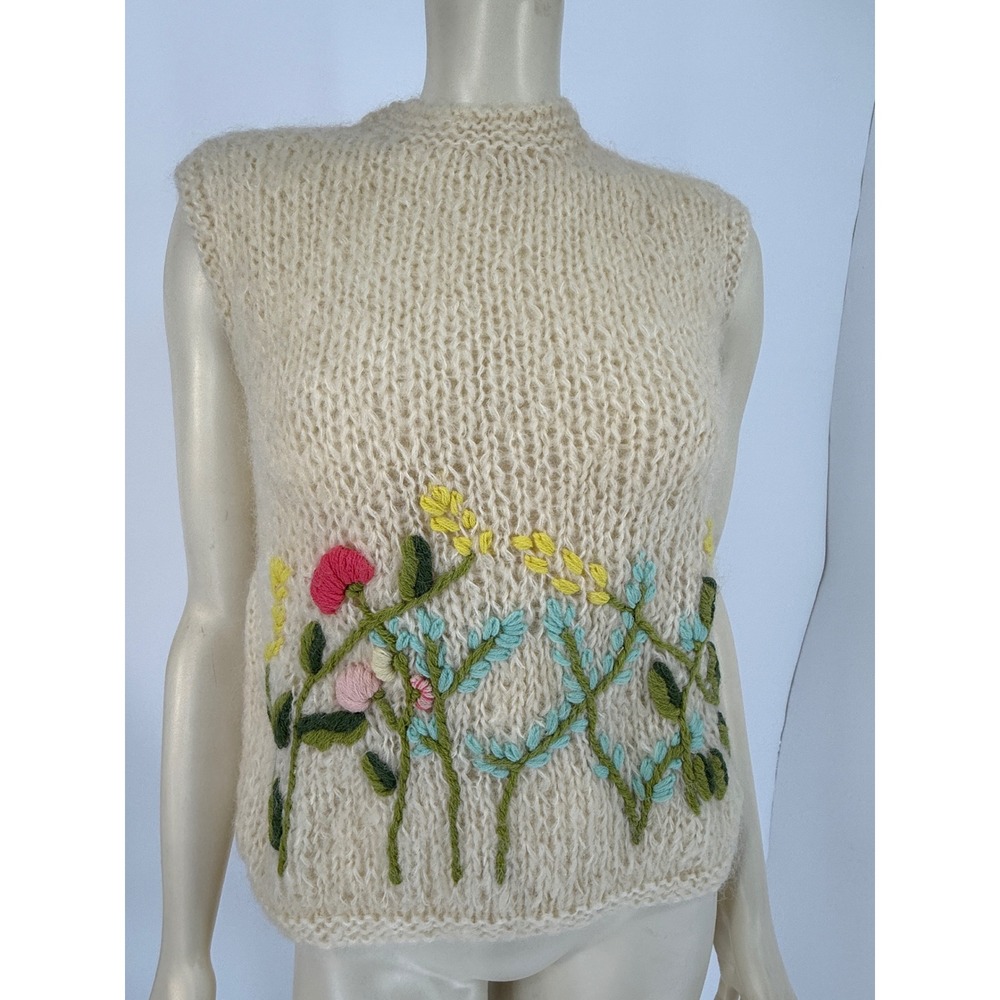 Vtg 60s Mary Lewis Sears Italian Wool Mohair Embroidered Floral Sweater Small 38